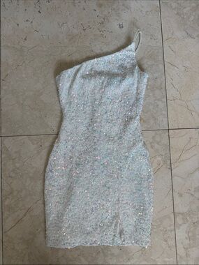 Crystal Doll Iridescent Sequin One-Shoulder Mini Dress